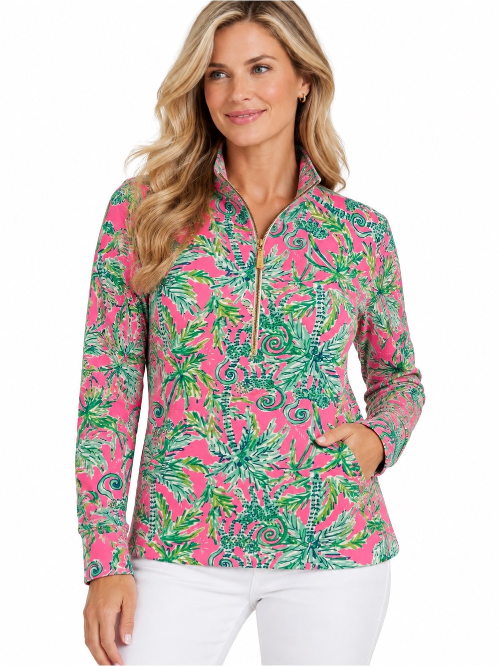 Size medium Lilly Pulitzer Women's Pink Tropical Print Quarter-Zip Pullover